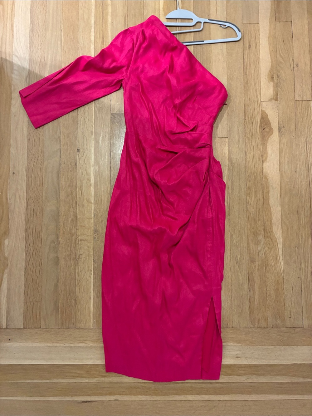 Veronica Beard One-Shoulder Hot Pink Ruched Midi Dress